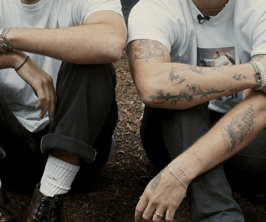 Two tattooed men wearing togetherbands as a sign of solidarity